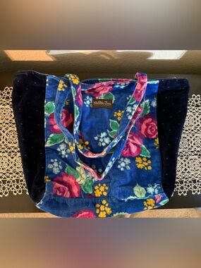 Matilda Jane Blue Floral Velour Tote with Pink Roses and Yellow Accents